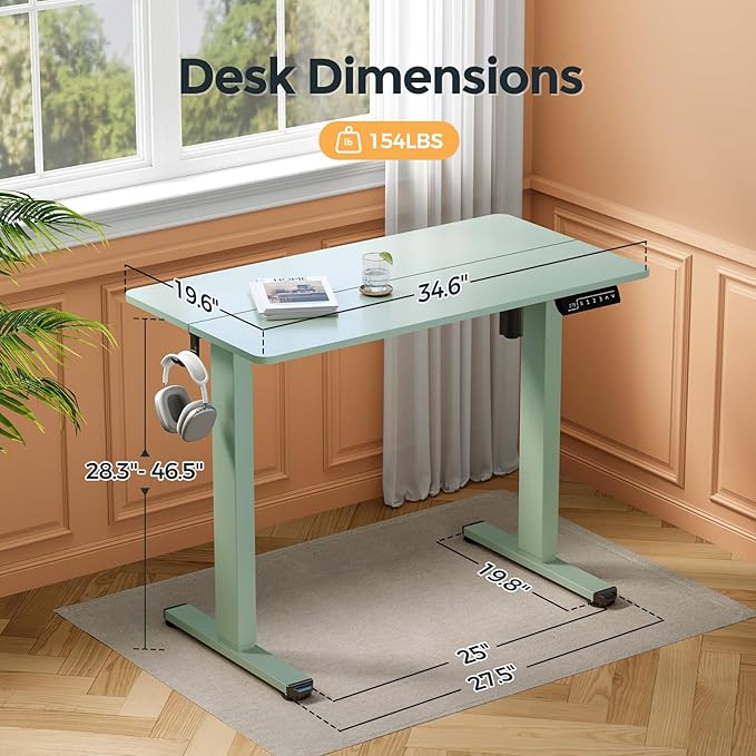 Small Standing Desk 35 ×20 Electric Standing Table Height Adjustable Compact Sit Stand Workstation with Splice Board Home Office Desk with 2 Hooks Sage Green