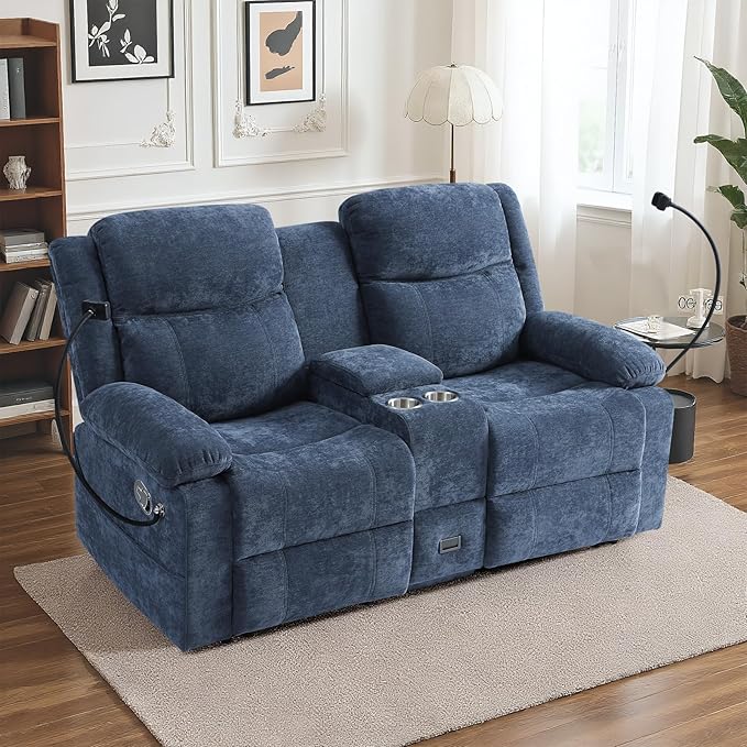Loveseat Recliner Sofa Reclining Loveseat with Console RV Wall Hugger Double Loveseat Recliner Couch for Living Room &amp Home Theater (Blue)
