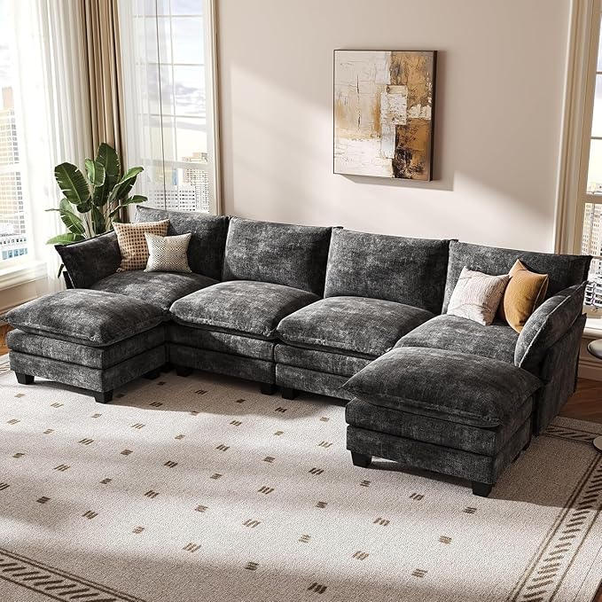 KKL 120 Modular Sectional Sofa for Living Room U-Shaped 6 Seater Convertible L-Shaped Cloud Couch with Ottoman Chenille Modern Sectional Couches for Living Room Apartment Grey