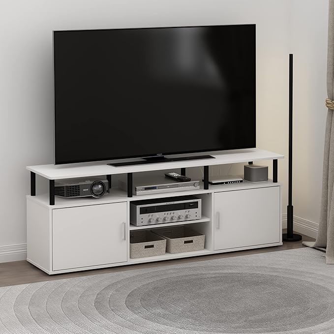 Furinno Jensen Entertainment Center Stand for TV up to 70 Inch Plastic Pole Solid White/Black