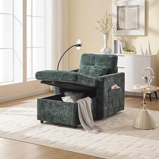 Multifunctional Recliner Sofa Chair with Storage Phone Holder &amp Adjustable Backrest Chenille Fabric Single Leisure Chair for Living Room Bedroom Small Spaces (Emerald)