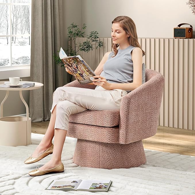 Soft Upholstered Barrel Swivel Accent Chair with Wood Frame Comfortable 360-Degree Rotating Chair with Armrest Swivel Accent Armchair Single Sofa Chair for Living Room &amp Lounge-Chenille|Pink