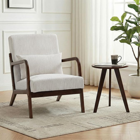 Accent Chair with Side Table Comfy Arm Chair with Solid Wood Frame Upholstered Mid-Century Modern Chair for Living Room Bedroom Waiting Room Beige