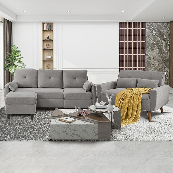 Convertible Sectional Sofa Set 77 Small L Shaped 3 Seat Couch with Ottoman and 48 Loveseat Modern Sofa Couches for Living Room Light Grey