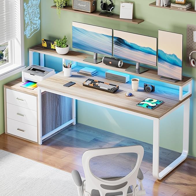 HOMBCK 67 Computer Desk with 3 Drawers Home Office Desk with Long Monitor Stand and Printer Space Office Desk with Storage &amp LED Lights Writing Desk with Drawers Walnut and White