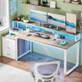 HOMBCK 67 Computer Desk with 3 Drawers Home Office Desk with Long Monitor Stand and Printer Space Office Desk with Storage &amp LED Lights Writing Desk with Drawers Walnut and White
