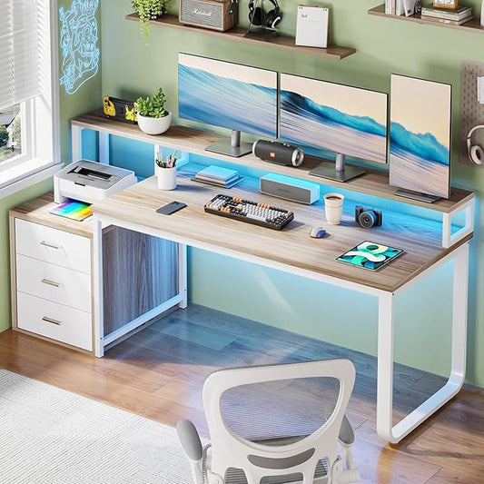 HOMBCK 67 Computer Desk with 3 Drawers Home Office Desk with Long Monitor Stand and Printer Space Office Desk with Storage &amp LED Lights Writing Desk with Drawers Walnut and White