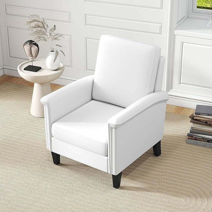 GOFLAME Modern Accent Chair Comfy Upholstered Armchair with Rubber Wood Legs and Thick Padded Cushion High Back Single Sofa Chair Reading Side Chair for Living Room Bedroom White