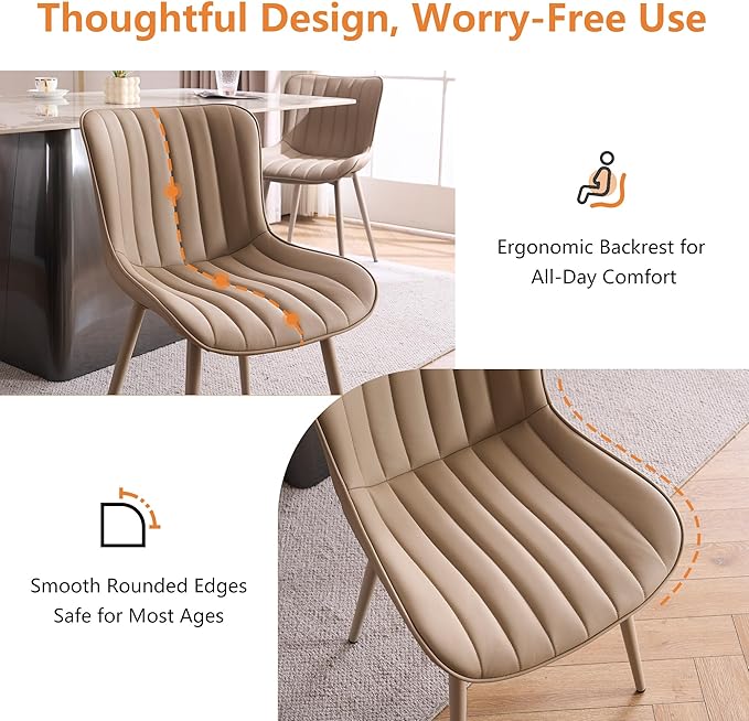 YOUNUOKE Mid-Century Modern Dining Chairs Set of 2 Khaki PU Leather Upholstered Kitchen Chairs with Khaki Metal Legs Armless Accent Chair for Dining Room Guest Reception Room