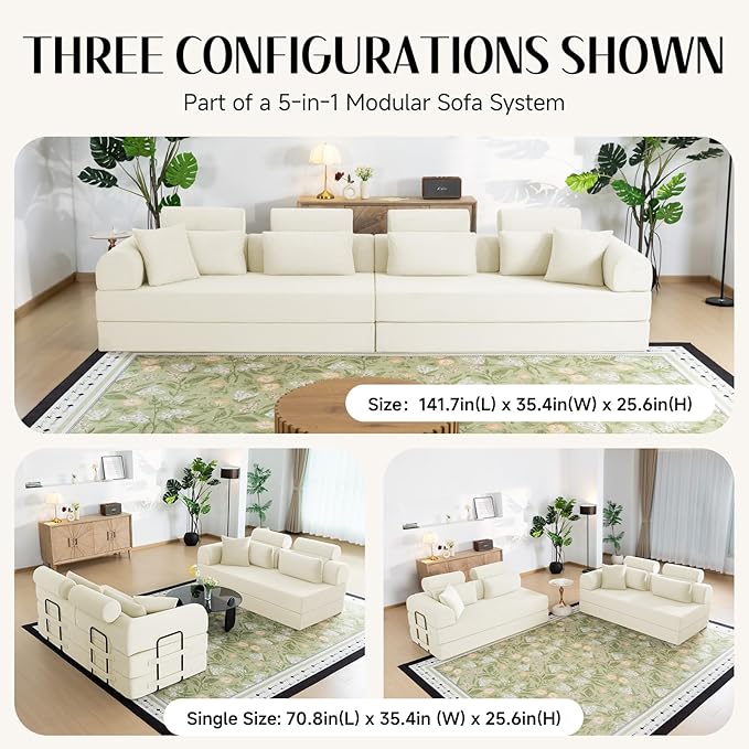 106 L-Shaped Modular Boneless Couch 2-Piece System (2×70.87) Convertible Sectional to 141.7 Straight Sofa Corduroy Couch in a Box Headrest &amp Back Pillows for Living Room Lvory