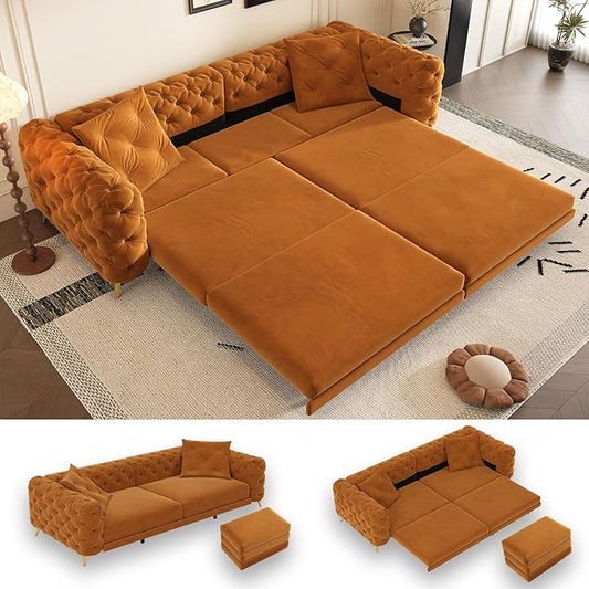 97.7 King Pull Out Sofa Bed Velvet Chesterfield Sleeper Sofa Couch 3 in 1 Convertible Tufted Futon Couches with Ottoman for Living Room Small Space Apartment Office Bedroom Orange