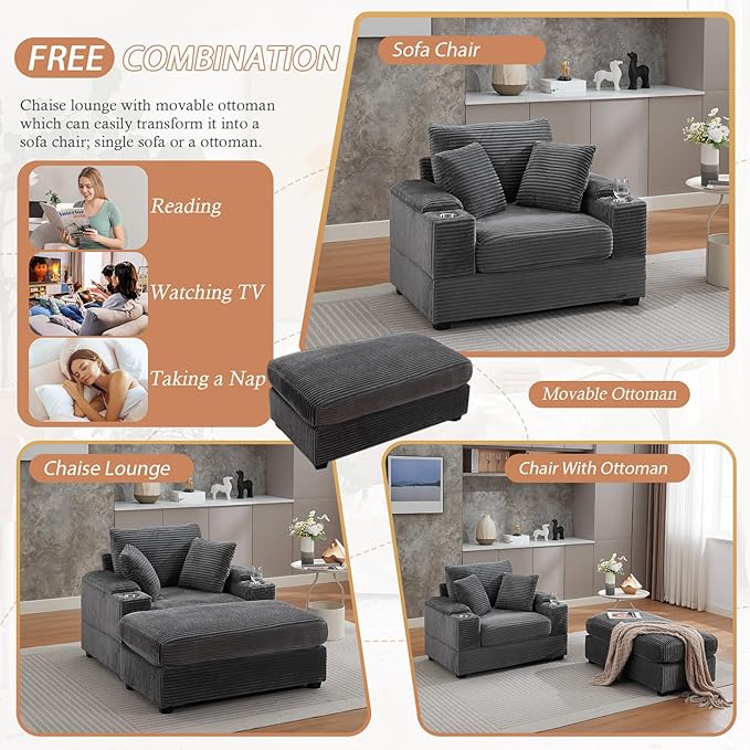50 Oversized Chaise Lounge Chair Indoor with Ottoman and Storage Comfy Corduroy Sleeper Chair with Cup Holder Deep Seat Upholstered reading Chair Reclining Chair for Living Room Bedroom(Grey)