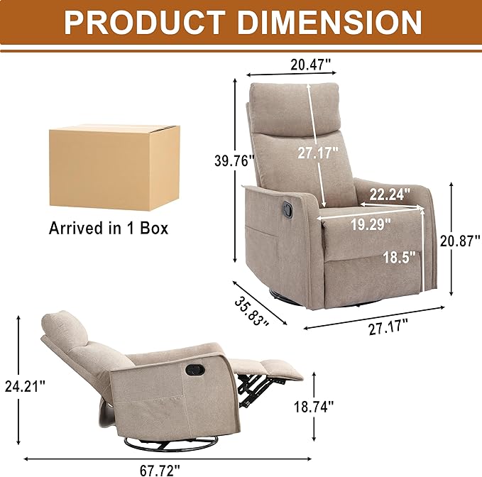 Manual 360° Swivel Rocker Recliner Chair for Adults Overstuffed Glider Chair for Nursery with Vibration Massage and Heat Comfy Soft Fabric Glider with Side Pockets for Living Room Khaki