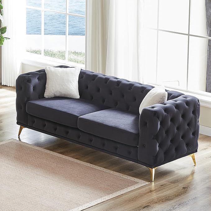 82.5'' Velvet Chesterfield Sofa Button Tufted Upholstered Sofa Couches with 2 Pillows Golden Metal Feets Removable Thick Cushions Comfy Chesterfield Couches for Living Room Apartment Black