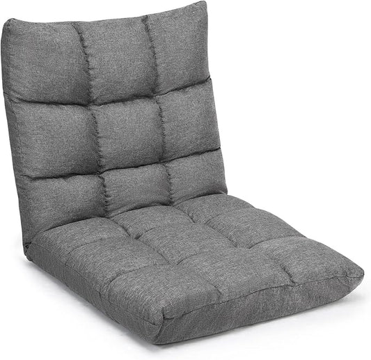 Giantex Adjustable Floor Gaming Sofa Chair 14-Position Cushioned Folding Lazy Recliner High Resilience Sponge Breathable Cotton &amp Linen Fabric Sleeper Bed Couch Recliner with Removable Cover (Gra