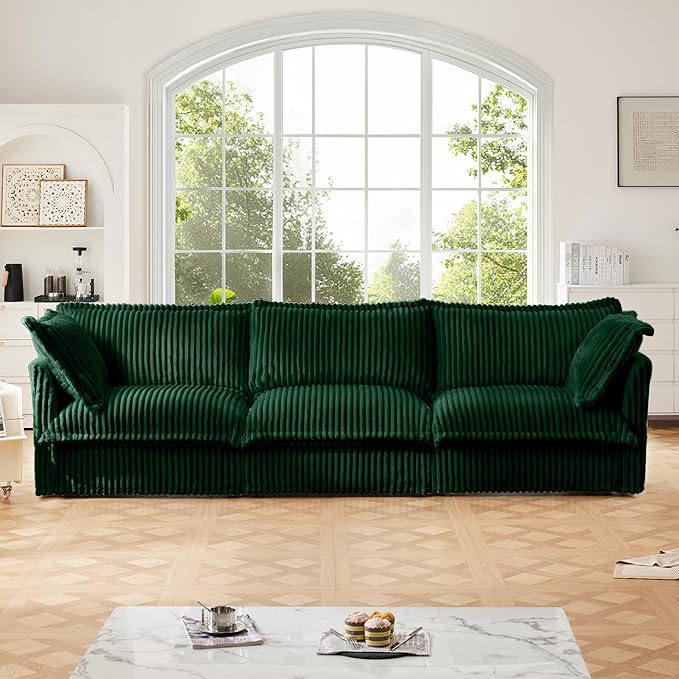Aoowow Oversized Modular Sectional Sofa 120” Corduroy Comfy 3-Seat Sofa Couch Upholstered Deep Seat Couches with Big Toss Pillows for Living Room Apartment OfficeGreen-Corduroy