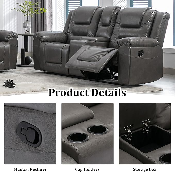 Leather Reclining Sofa SetHome Theater Seating with Center Console Storage Cup Holders 2 Seater for Living RoomOfficeHome TheaterRV. Loveseat(Grey)