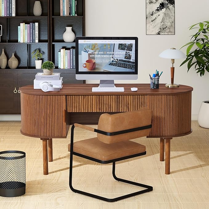 ORRD Home Office Oval Desk with Sliding Tambour Door and Drawer Modern Fluted Wood Executive Computer Storage Desk for Study Living Room Bedroom Office - Walnut