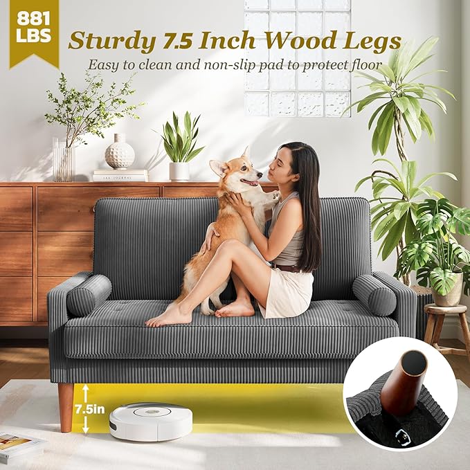 Vesgantti Loveseat Sofa with Solid Wood Legs48 Small Corduroy Couches for Small Spaces Mid Century Modern Love Seat for Living Room Bedroom Easy Assembly with Throw Pillow Grey