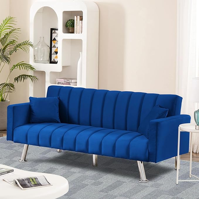 AWQM Sofa Bed Upholstered Convertible Folding Sofa Bed with 2 Pillows Sturdy Sleeper Couch with Wooden Frame and Metal Legs Comfortable Velvet Sofa Suitable for Living Room Bedroom Office (Blue)