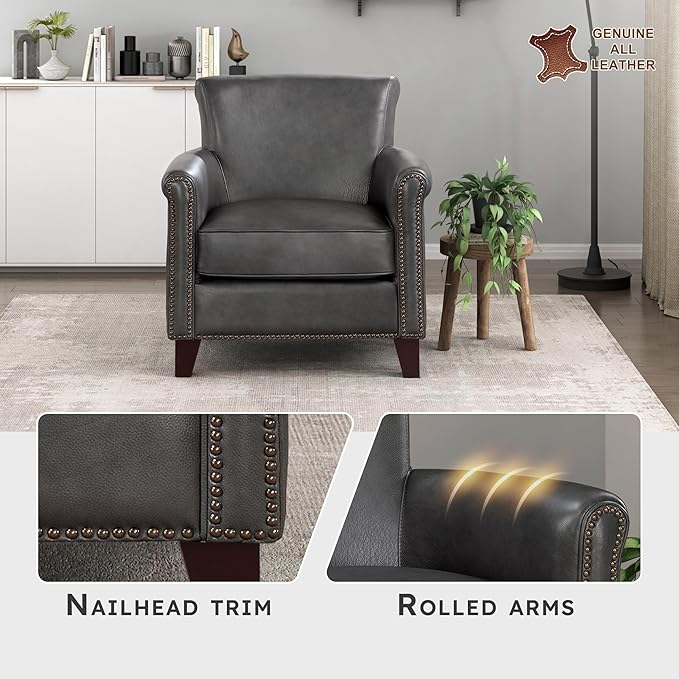 Lexicon 100% Top Grain Genuine Leather Chair Leather Accent Chairs for Living Room Solid Wood Frame Rolled Armrest &amp Nailhead Trim Comfy Reading for Bedroom Office Waiting Room Classic Gray