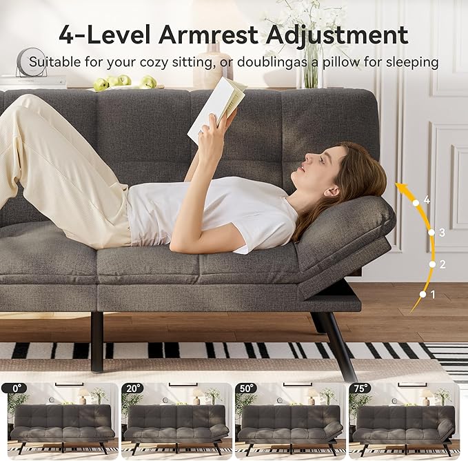 Vipbear Convertible Futon Sofa BedGrey Linen Futon Couch with Detachable CushionAdjustable Backrest &amp ArmrestModern Small Recliner Loveseat Sleeper Couch for Living RoomOfficeApartment