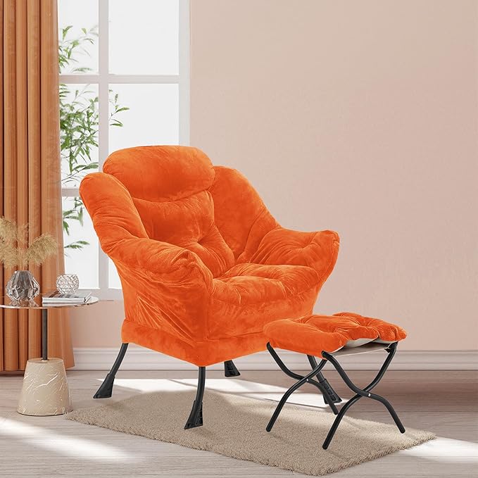 Lazy Chair with Folding Ottoman Accent Chair Plush Upholstered with Metal Structure and Non-Slip Pads Sofa Armchair with Footrest and Side Storage Bag for Dorm Room Office Orange