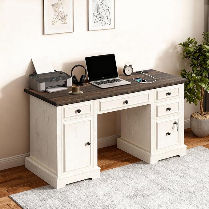 Vipbear 59 Farmhouse Executive Desk with Drawers Wood Home Office Computer Desk Featuring Lockable File Drawer Storage Cabinet &amp Power Outlet Storage Cabinet for Work Study Writing (White)