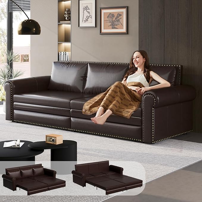 JOYBASE Pull Out Sofa Bed King-Size Convertible Sleeper Sofa Modern 3-Seater Faux Leather Couch with Nailhead for Living Room Office Apartment (Dark Brown)