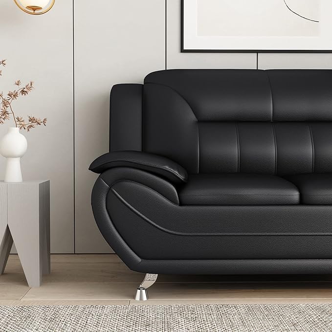 Michael Modern Faux Leather Upholstered Stainless Steel Legs Living Room Loveseat Midnight Black