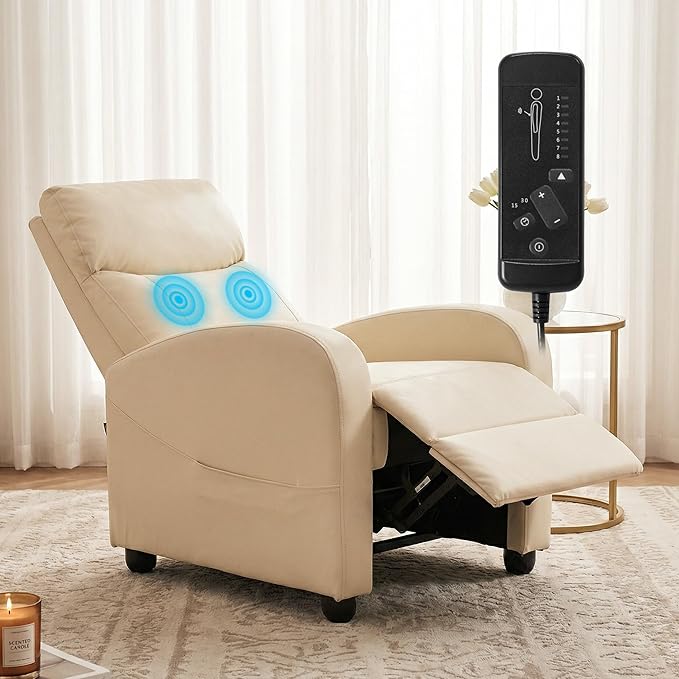 Sweetcrispy Massage Recliner Chair for Adults Adjustable Home Theater Seating with Lumbar Support for Living Room Modern Fabric Reclining Beige