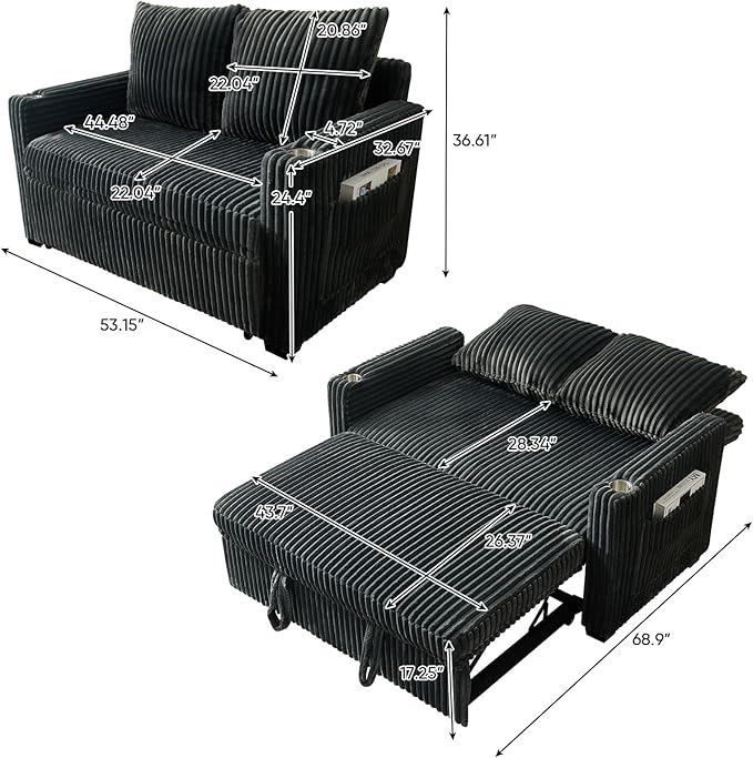 Antetek Pull Out Sofa Bed Futon Convertible Modern Corduroy Loveseat Chaise Lounge Sofa Couch with USB Charging Ports &amp Cup Holders for Guest Room Living Room Bedroom Adjustable Backrest Grey
