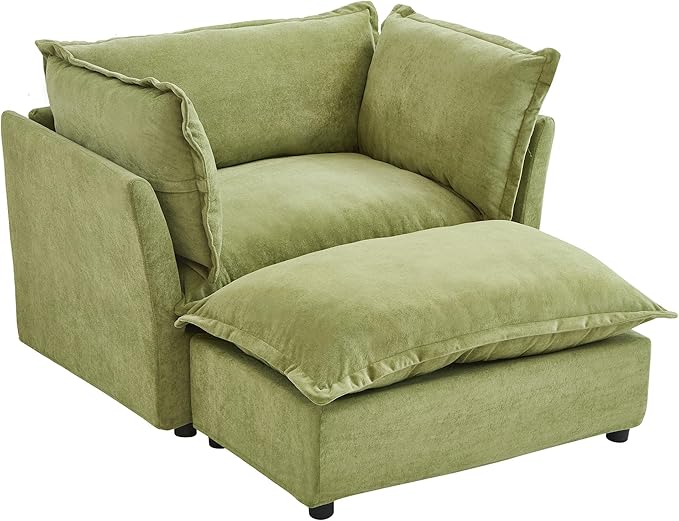 Merax 47 Armchair Upholstered Chenille Sofa Chair 2 Seat Modern Couch with Movable Ottoman Curved Armrests &amp Soft Pillows for Living Room Green