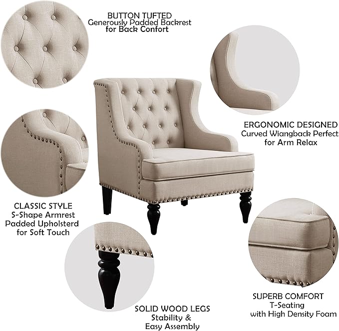 Rosevara Emmie Accent Chairs for Living RoomUpholstered ArmchairLinen Fabric Comfy Reading Seat Lounge for Living Room Bedroom ApartmentEasy AssemblyBeige
