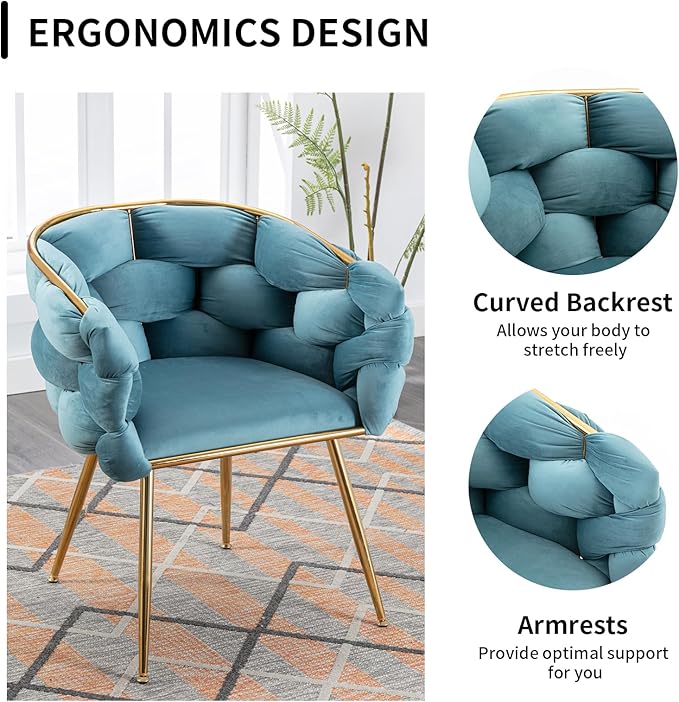 NIOIIKIT Modern Velvet Dining Chair Hand Weaving Upholstered Vanity Chair with Gold Metal Legs Leisure Single Sofa Armchair Comfy Accent Chair for Living Room Bedroom (BU1)
