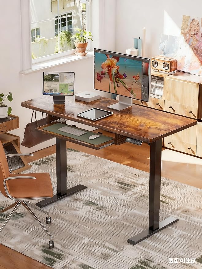 Marsail Electric Standing Desk Adjustable Height 55 * 24 Inch Sit Stand up Desk for Home Office Furniture Computer Desk with 3 Memory Presets Headphone Hook Rustic Brown