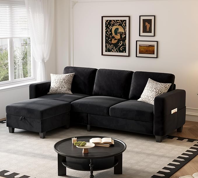 Youmumeub Sectional Couches for Living Room - Convertible Sofa and Storage Bench79''Modern Corner ConfigurationSuitable for Living Room Apartment Bedroom and Office-Black | Reversible Chaise Wash
