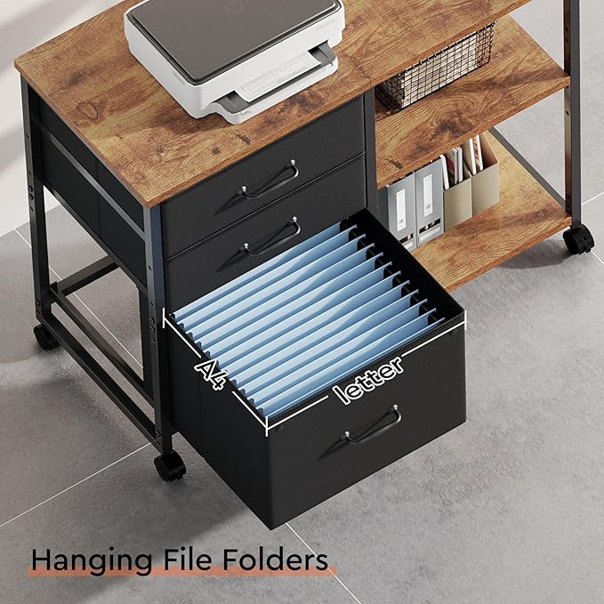 3 Drawer File Cabinet with Wheels Rolling Printer Stand with Open Storage Shelf Fabric Lateral Filing Cabinet for Home OfficeRustic Brown