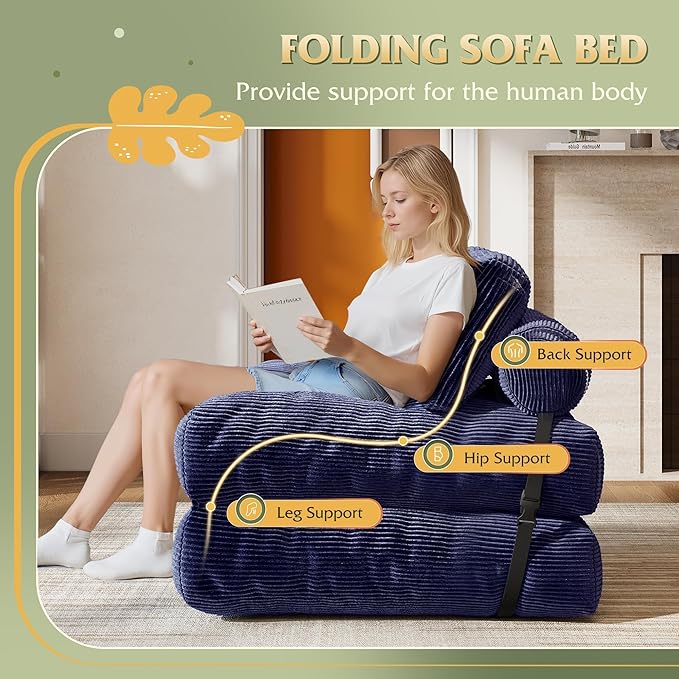 WLIVE Folding Sofa Bed for Living Room Boneless Chair Folding Chair Bed Bean Bag Chairs for Adults Pull Out Sofa Bed Dorm Bedroom Navy Blue
