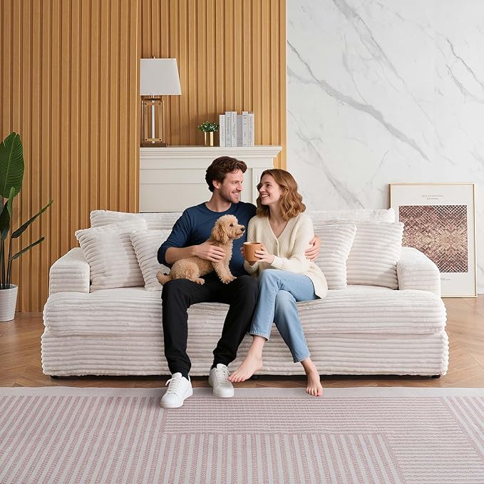 Modern Cloud Couch 3-Seater with 4 Matching Toss Pillows 88.58 Soft Corduroy Sofa with Deep Seat for Small Spaces Living Room Apartment (White)