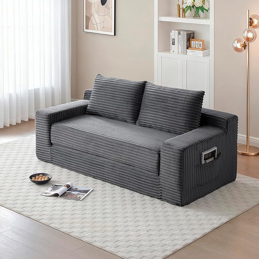 73 Memory Foam Cloud Loveseat Sofa 2 in 1 Convertible Folding Couch Bed Compressed Corduroy Floor Lounge Sofa No Assembly for Apartment Office Bedroom Living Room (Grey)