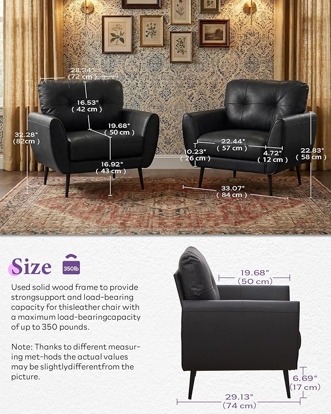 TYBOATLE Accent Chair Comfy Modern Living Room Chair Black Leather Reading Accent Chairs Tufted Mid Century Moden Arm Chair Small Salon Chair for Office Bedroom (1 Black)