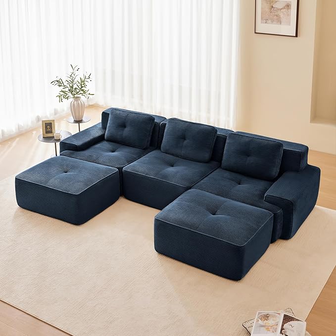 115 Modern Blue Corduroy Boneless Sofa Set 3 Seater Modular Sectional Couches for Living Room Compressed Memory Foam Cloud Couch with 2 Ottoman Deep Seat No Assembly Sofas para Sala U Shaped