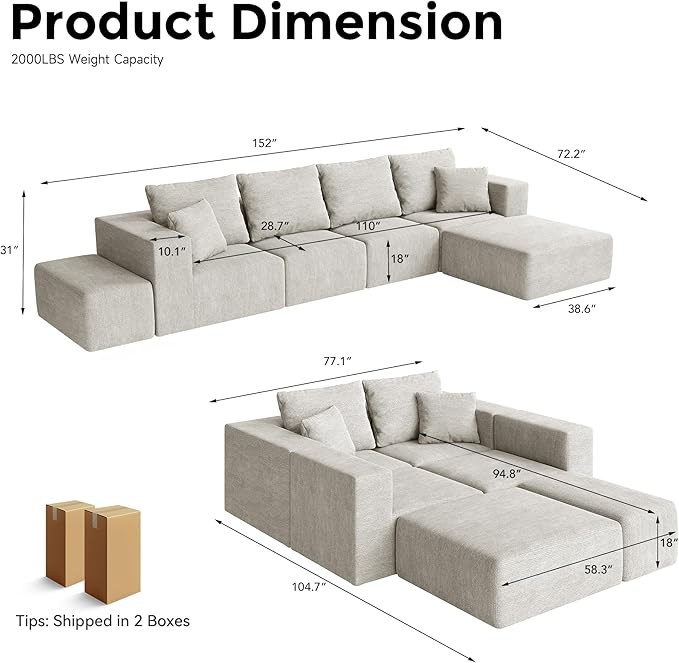 152'' Cloud Couch Sectional Deep Seat Upholstered Sofa Chenille Modular Sectional Couches for Living Room Memory Foam with 6 Pillows No Assembly Required (Beige)