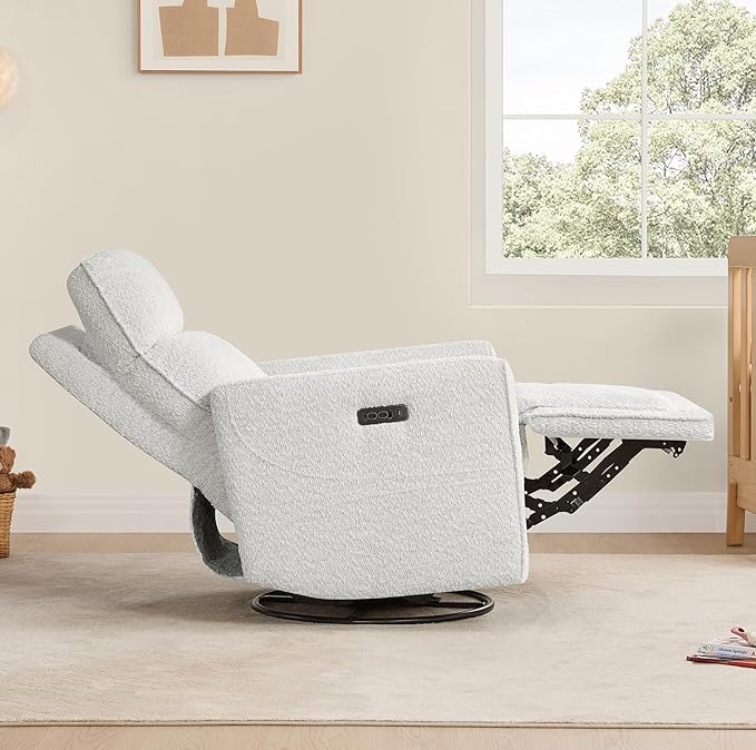 CHITA Power Recliner Chair Swivel Glider with Adjustable Power Headrest FSC Certified Electronic Modern Nursery Rocking Chair with USB and Type-C Ports Boucle White