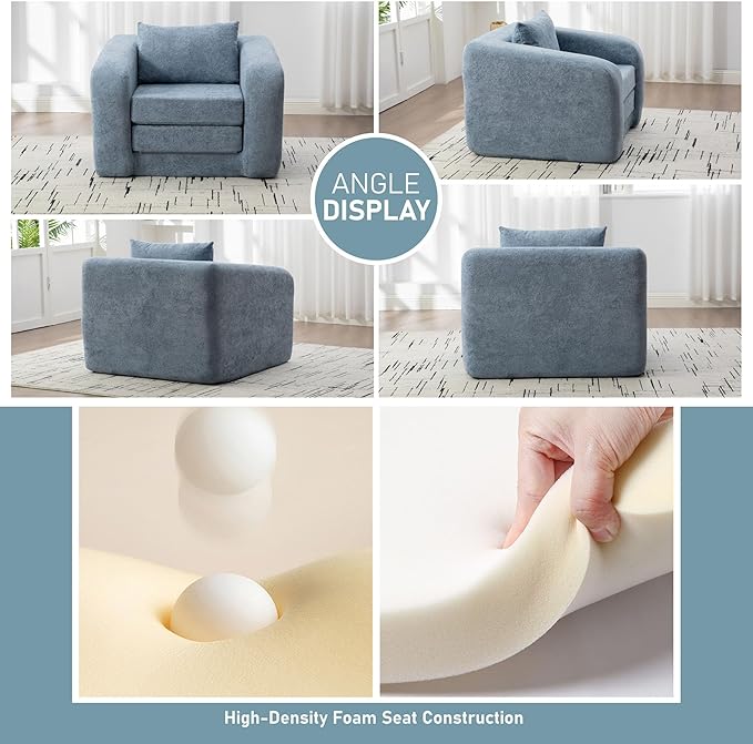 Light Blue Folding Sofa Bed Single - 40 Convertible Chenille Cloud Sleeper Lounge Chair with Floor Mattress &amp Pillow No Assembly Boneless Fold Out Couch for Bedroom Livingroom (Light Blue 40 W