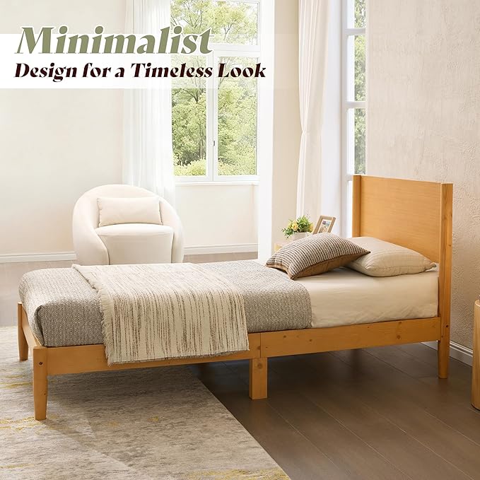 AMERLIFE Solid Wood Twin Bed Frame Mid Century Modern Platform Bed with Full Panel Headboard Noise-Free &amp Cylindrical Legs No Box Spring Needed Under-Bed Storage Natural Wood