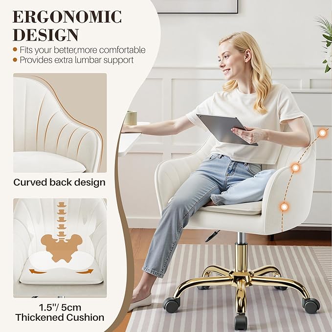 Vanity Chair with Wheels Comfy Home Office Desk Chairs Adjustable Modern Velvet Makeup Vanity Chairs for Bedroom Living Room-Beige