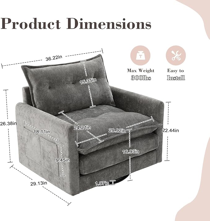 Swivel Accent Chairs for Living Room 36.2 Comfy Swivel Chair with Solid Metal Base Single Sofa with Pillows &amp Side Pockets (Gray)
