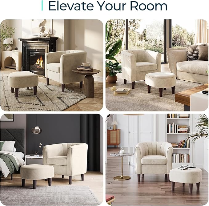 LINSY Accent Chair with Ottoman Modern Barrel Chair Small Armchair Reading Chair with Footrest Comfy Round Arms Chair for Living Room Bedroom Reading Room Velvet Beige